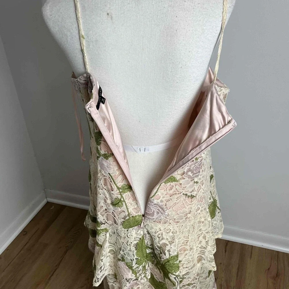 NWT Alex Marie Fairycore Pink Green Floral Lace Ruffle Sheath Midi Dress Size 14